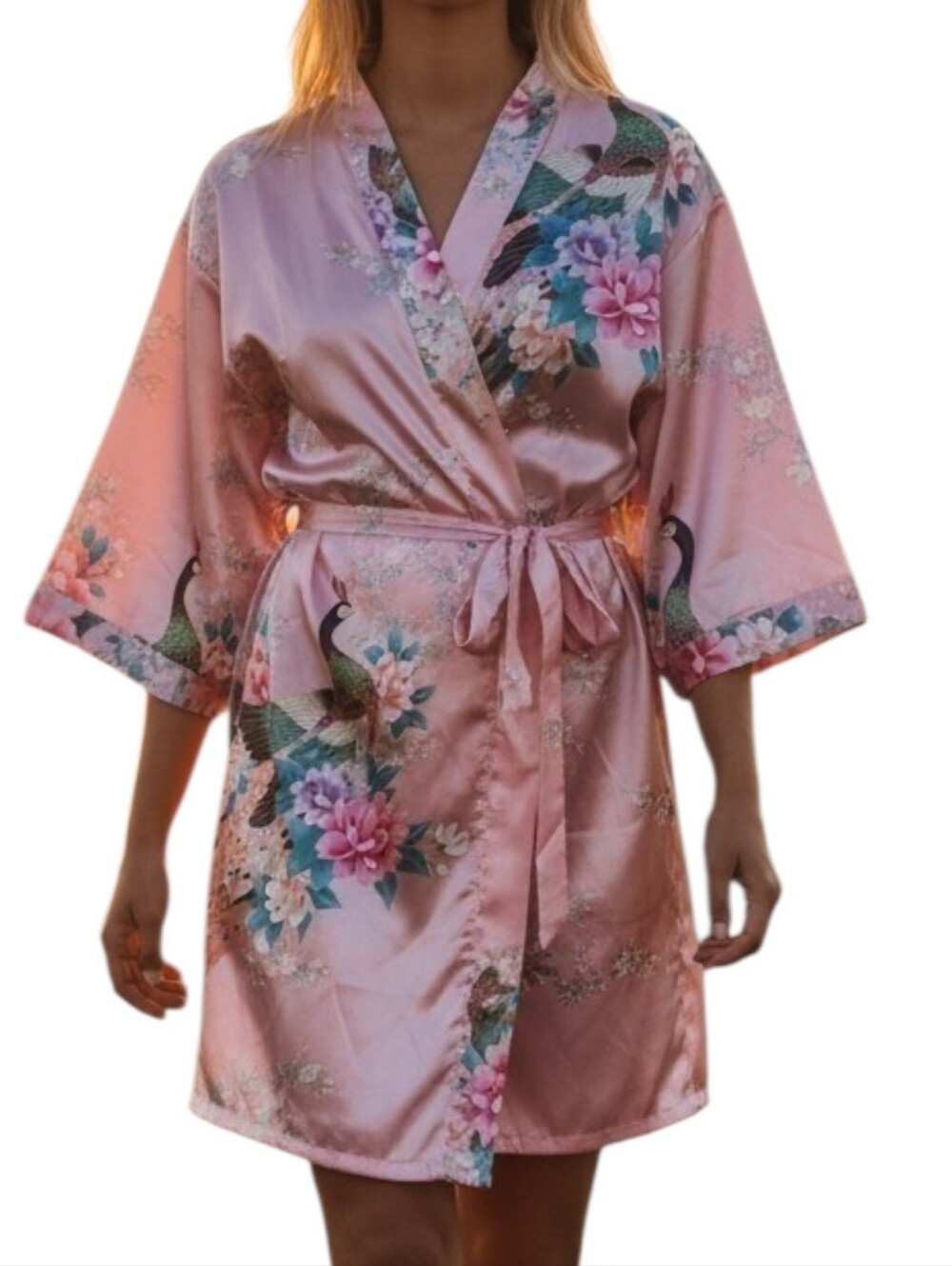 Peacock Print Silk Kimono Robe Belt Pink Floral Design 1 sz Womens Lounge Wear